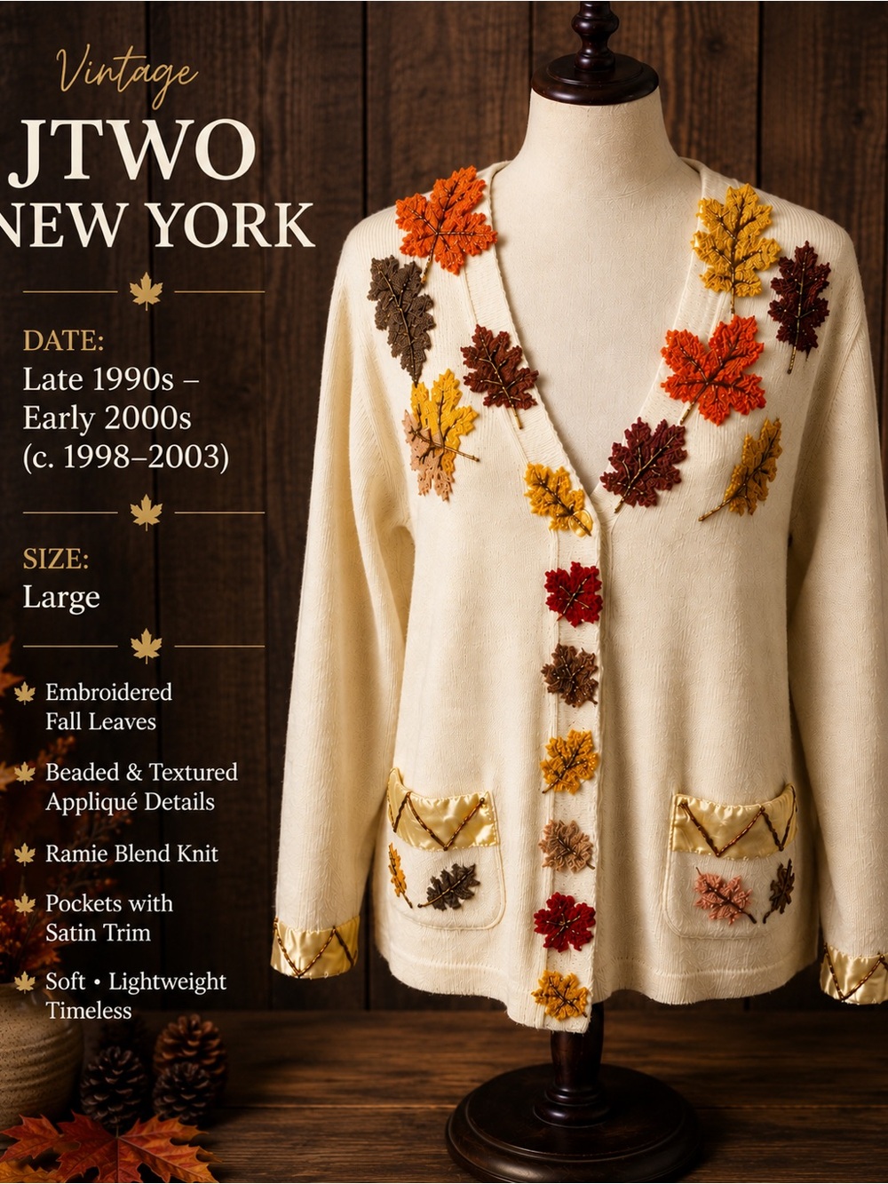 Vintage 90s JTWO New York Autumn Leaf Art Cardigan Sweater L